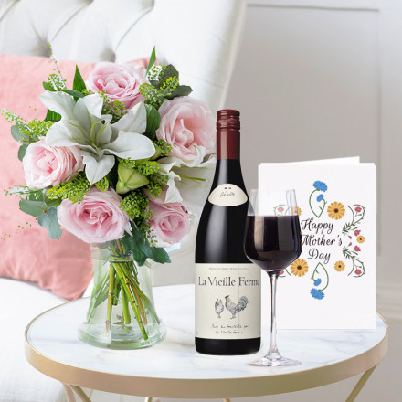 Blush Pink Rose & Lily, La Vielle Ferme Red Wine (75cl) & Mother's Day Card