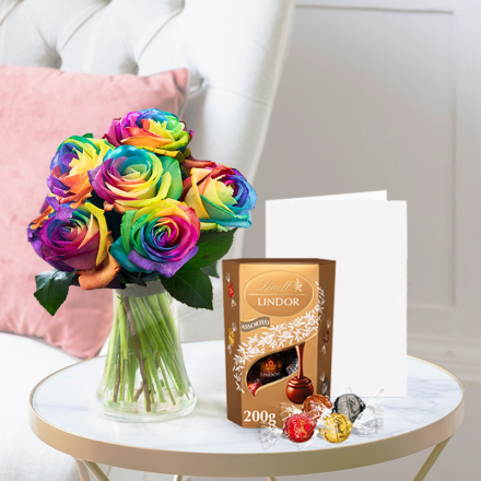 Rainbow Roses, Lindor Chocolates (200g) & Card Rainbow Roses, Lindor Chocolates (200g) & Card
