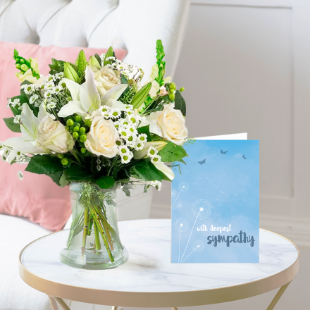Simply White Rose & Lily, Vase & Sympathy Card