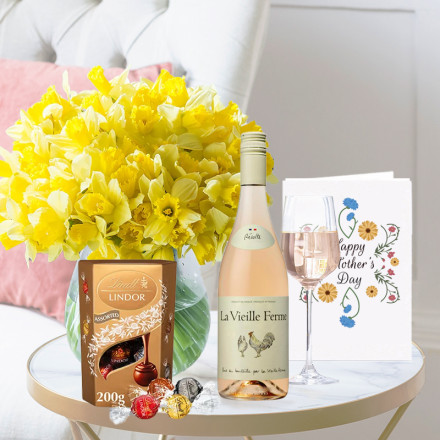 100 Daffodils, La Vielle Ferme Rosé Wine (75cl), Lindor Mixed Truffles (200g) & Mother's Day Card
