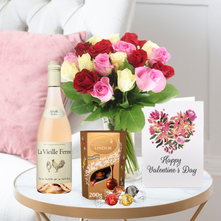 Rose Medley, La Vielle Ferme Rosé (75cl), Lindor Mixed Truffles (200g) & Valentine's Card