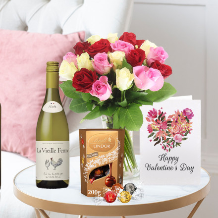 Rose Medley, La Vielle Ferme White (75cl), Lindor Mixed Truffles (200g) & Valentine's Card Rose Medley, La Vielle Ferme White (75cl), Lindor Mixed Truffles (200g) & Valentine's Card