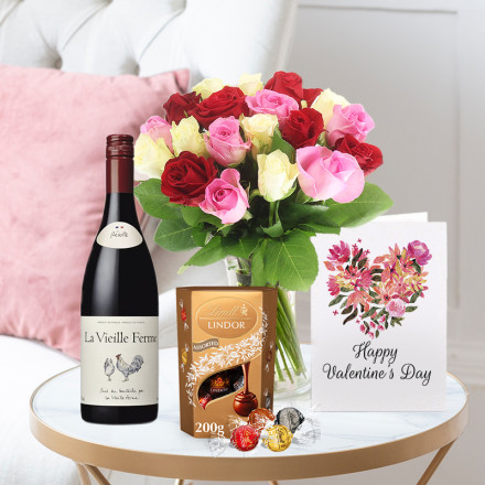 Rose Medley, La Vielle Ferme Red (75cl), Lindor Mixed Truffles (200g) & Valentine's Card Rose Medley, La Vielle Ferme Red (75cl), Lindor Mixed Truffles (200g) & Valentine's Card