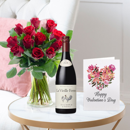 12 Red Roses, La Vielle Ferme Red (75cl) & Valentine's Card