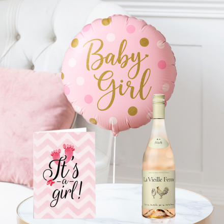Baby Girl Balloon, La Vielle Ferme Rosé (75cl) & Baby Girl Card Baby Girl Balloon, La Vielle Ferme Rosé (75cl) & Baby Girl Card