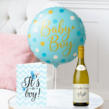 Baby Boy Balloon, La Vielle Ferme White (75cl) & Baby Boy Card