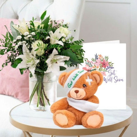 Blissful White, Vase, Keels Get Well soon Bear & Get Well Card Blissful White, Vase, Keels Get Well soon Bear & Get Well Card