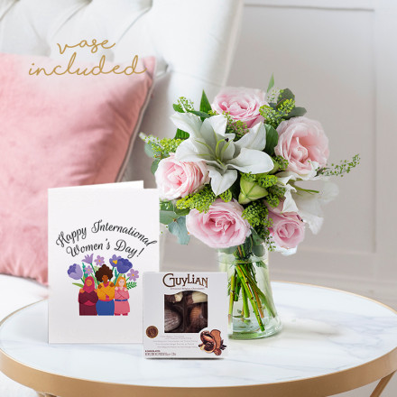 Blush Pink Rose & Lily, 65g Guylian Chocs, Vase & Happy International Women's Day Card Blush Pink Rose & Lily, 65g Guylian Chocs, Vase & Happy International Women's Day Card