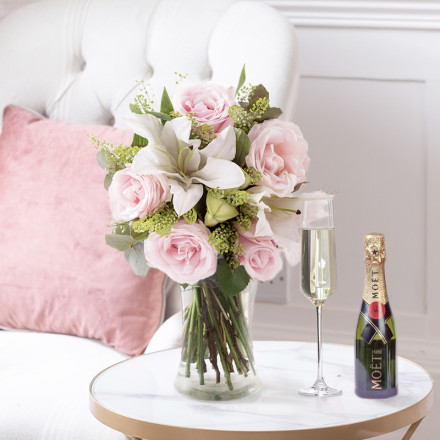 Blush Pink Rose & Lily, Mini Moët & Vase Blush Pink Rose & Lily, Mini Moët & Vase
