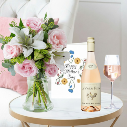 Blush Pink Rose & Lily, La Vielle Ferme Rose (75cl) & Mother's Day Card 