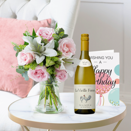 Blush Pink Rose & Lily, La Vielle Ferme White (75cl) & Birthday Card Blush Pink Rose & Lily, La Vielle Ferme White (75cl) & Birthday Card