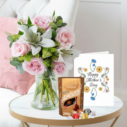 Blush Pink Rose & Lily, Vase, Lindor Mixed Truffles (200g) & Mother's Day Card 