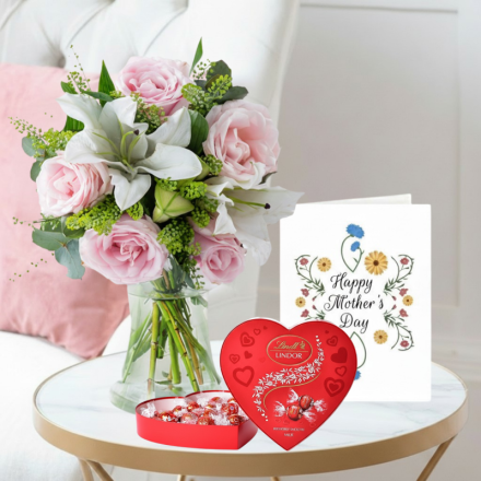 Blush Pink Rose & Lily, Lindor Heart Chocolates (200g) & Mother's Day Card 