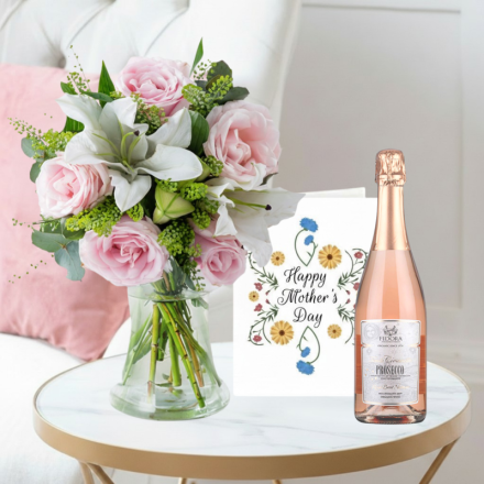 Blush Pink Rose & Lily, Prosecco Rose (75cl) & Mother's Day Card 