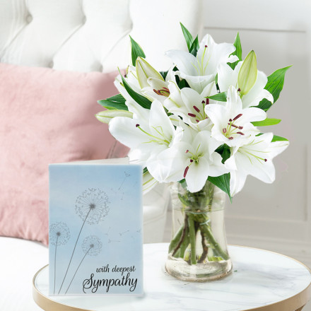 White Oriental Lily Bouquet, Vase & Sympathy Card