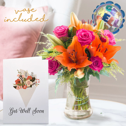 Cheerful Lily & Rose, Mini Balloon, Vase & Get Well Card Cheerful Lily & Rose, Mini Balloon, Vase & Get Well Card