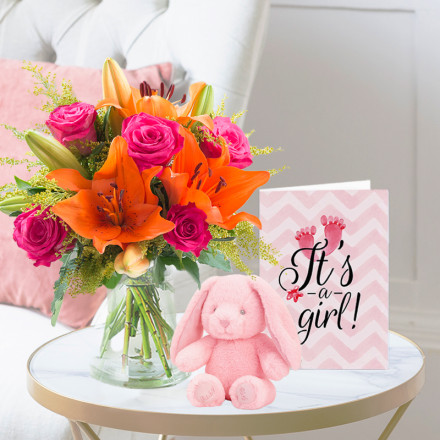 Cheerful Lily & Rose, Pink Bunny (16cm) & Baby Girl Card Cheerful Lily & Rose, Pink Bunny (16cm) & Baby Girl Card