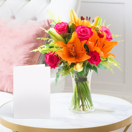 Cheerful Lily & Rose, Vase & Card Cheerful Lily & Rose, Vase & Card