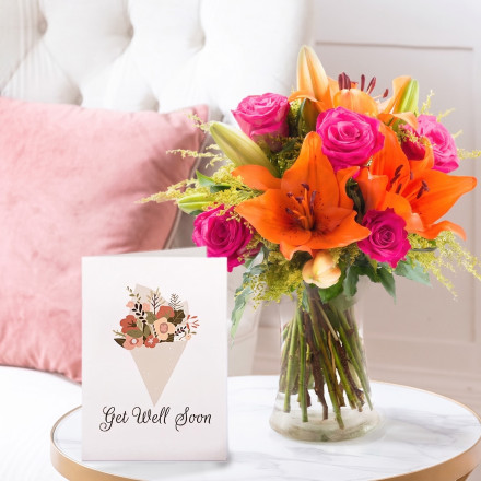 Cheerful Lily & Rose, Vase & Gell Well Card