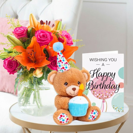 Cheerful Lily & Rose, Keels Happy Birthday Bear & Happy Birthday Card