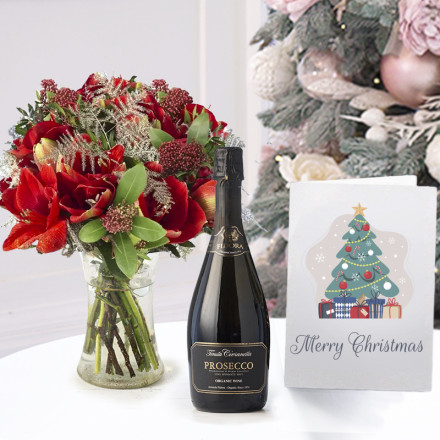 Amaryllis Bouquet, Prosecco Fidora (75cl) & Christmas Card