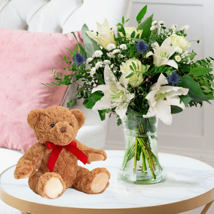 Blissful White & Teddy Bear (20cm)