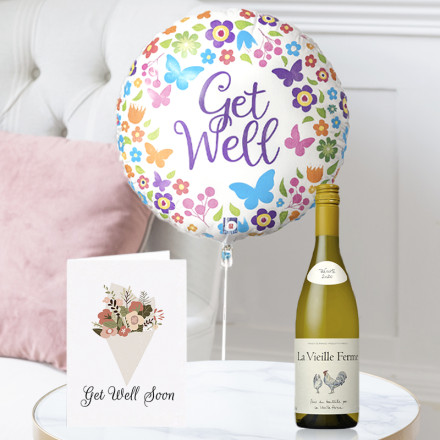 Get Well Balloon, La Vielle Ferme White (75cl)  & Get Well Card