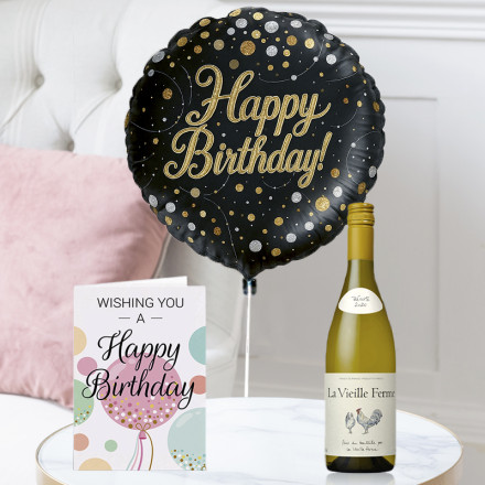 Happy Birthday Black and Gold Balloon, La Vielle Ferme White (75cl) & Happy Birthday Card Happy Birthday Black and Gold Balloon, La Vielle Ferme White (75cl) & Happy Birthday Card