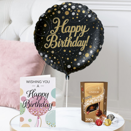 Happy Birthday Black and Gold Balloon, Lindor Assorted Truffles (200g) & Happy Birthday Card Happy Birthday Black and Gold Balloon, Lindor Assorted Truffles (200g) & Happy Birthday Card