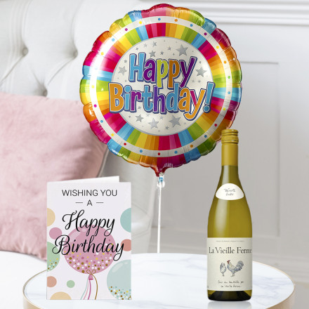 Happy Birthday Colourful Balloon, La Vielle Ferme White (75cl), & Happy Birthday Card Happy Birthday Colourful Balloon, La Vielle Ferme White (75cl), & Happy Birthday Card