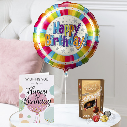Happy Birthday Colourful Balloon, Lindor Assorted Truffles (200g) & Happy Birthday Card Happy Birthday Colourful Balloon, Lindor Assorted Truffles (200g) & Happy Birthday Card