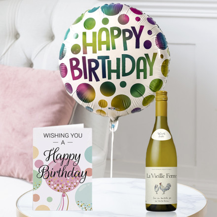 Happy Birthday Spotted Balloon, La Vielle Ferme White (75cl) & Happy Birthday Card Happy Birthday Spotted Balloon, La Vielle Ferme White (75cl) & Happy Birthday Card