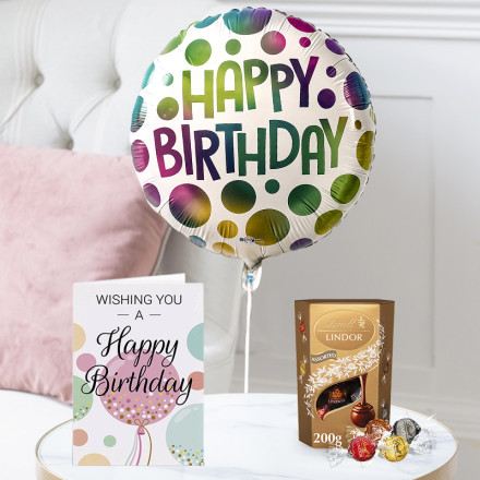 Happy Birthday Spotted Balloon, Lindor Assorted Truffles (200g) & Happy Birthday Card Happy Birthday Spotted Balloon, Lindor Assorted Truffles (200g) & Happy Birthday Card