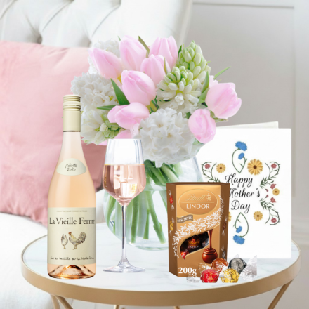 Hyacinths & Tulips, Lindor Truffles 250g , La Vieille Ferme Rose & Mother's Day Card Hyacinths & Tulips, Lindor Truffles 250g , La Vieille Ferme Rose & Mother's Day Card