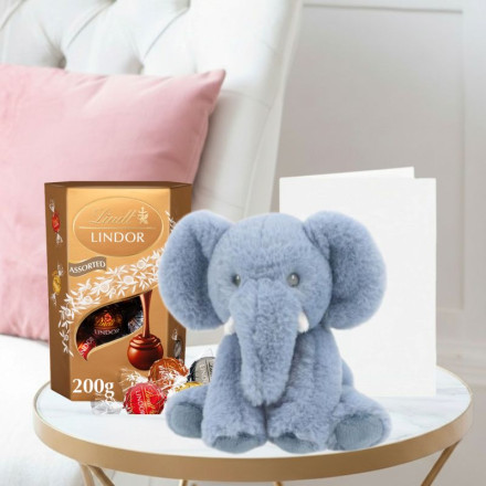 Keels Baby Ezra Elephant (14cm) , Lindor Assorted Truffles (200g) & Occasion Card Keels Baby Ezra Elephant (14cm) , Lindor Assorted Truffles (200g) & Occasion Card