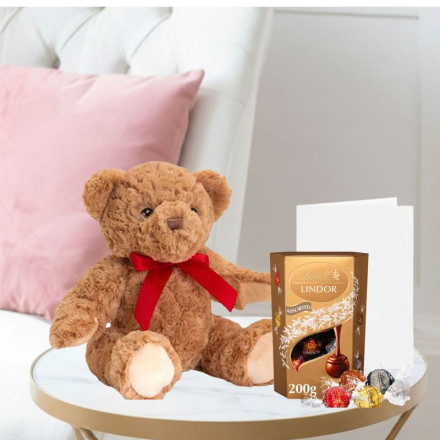 Keels Bear With Red Ribbon (20cm), Lindor Assorted Truffles (200g) & Occasion Card Keels Bear With Red Ribbon (20cm), Lindor Assorted Truffles (200g) & Occasion Card