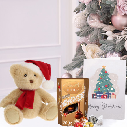Keels Christmas Bear with Hat (20cm), Lindor Assorted Truffles (200g) & Christmas Card