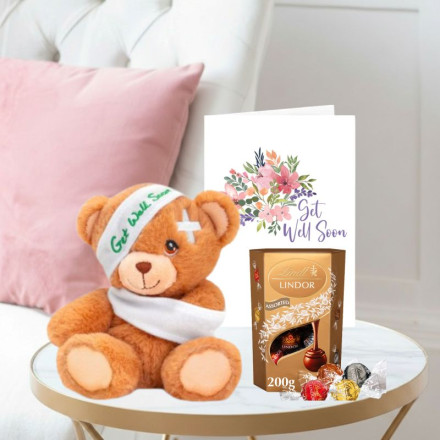 Keels Get Well soon Bear (15cm), Lindor Assorted Trufles (200g) & Get well soon Card Keels Get Well soon Bear (15cm), Lindor Assorted Trufles (200g) & Get well soon Card