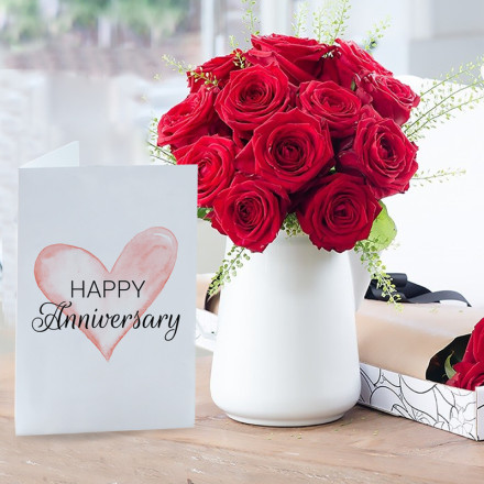 12 Red Roses & Anniversary Card