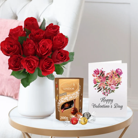 12 Red Roses, Lindor Mixed Truffles (200g) & Valentine's Card