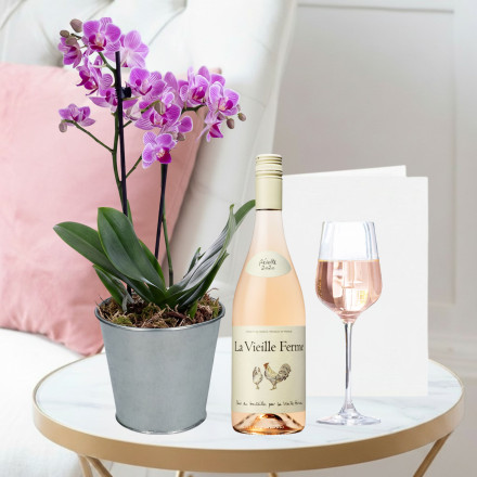 Mini Pink Orchid, (20-25cm), Zinc Pot, La Vielle Ferme Rose (75cl) & Card Mini Pink Orchid, (20-25cm), Zinc Pot, La Vielle Ferme Rose (75cl) & Card