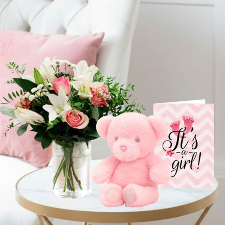 Pink Purity, Keels Baby Girl Bear (16cm) & It's A Girl Card Pink Purity, Keels Baby Girl Bear (16cm) & It's A Girl Card