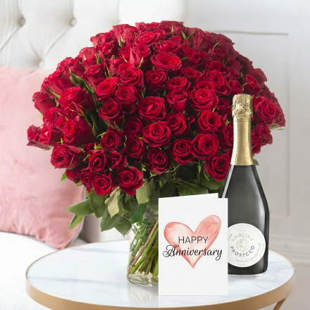 100 Classic Red Roses, Prosecco (75cl) & Anniversary Card