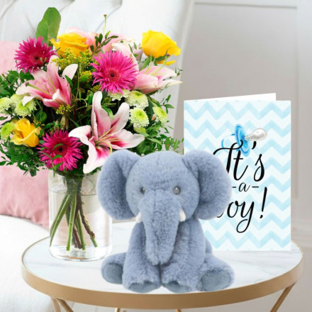 Radiant Glow, Keels Baby Ezra Elephant & Baby boy Card Radiant Glow, Keels Baby Ezra Elephant & Baby boy Card