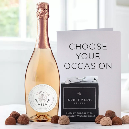 Rosé Prosecco (75cl), 12 Handmade Chocolate Truffles & Occasion Card Rosé Prosecco (75cl), 12 Handmade Chocolate Truffles & Occasion Card