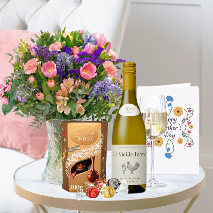 Shades of Spring, La Vielle Ferme White Wine (75cl), Lindor Mixed Truffles (200g) & Mother's Day Card