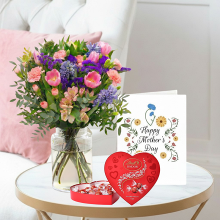 Shades of Spring, Lindor Heart Chocolates (200g) & Mother's Day Card 