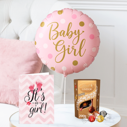 Baby Girl Balloon, Lindor Assorted Truffles (200g) & Baby Girl Card Baby Girl Balloon, Lindor Assorted Truffles (200g) & Baby Girl Card