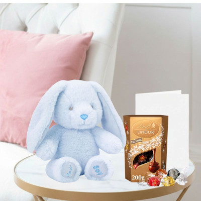 Keels Baby Boy Bunny (16cm), Lindor Assorted Truffles (200g) & Occasion Card