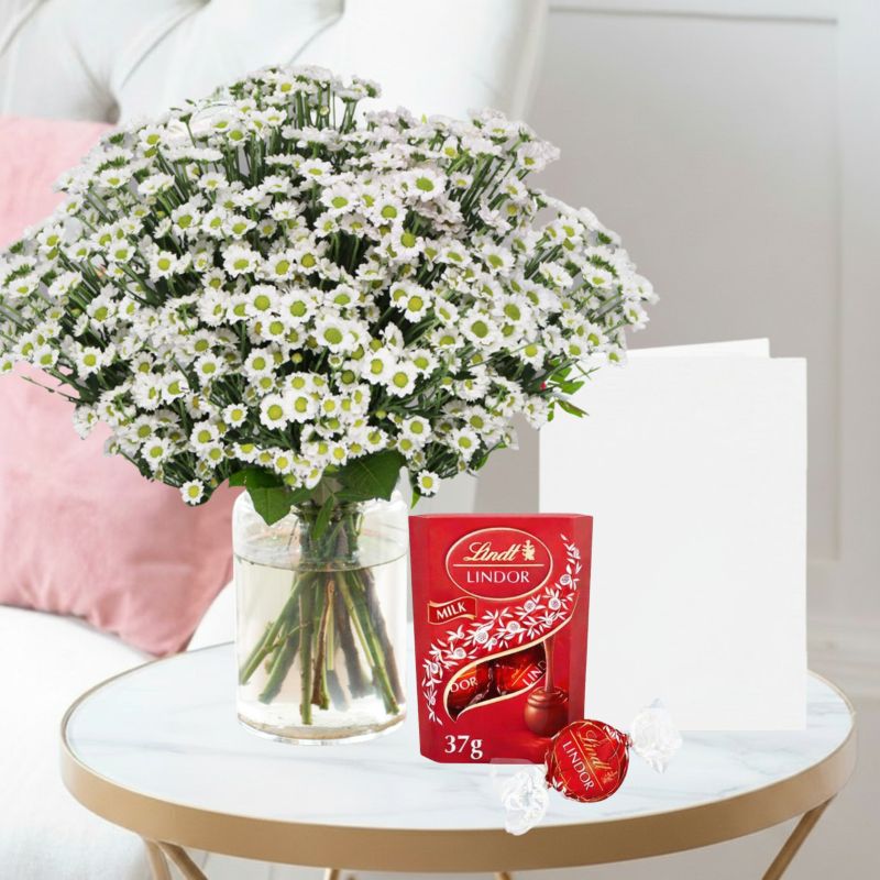Flowers & Chocolates Gift Set - Daisy, Lindor Chocolates & Occasion Card - Green & White - Next Day Flower & Gift Delivery UK - Blossoming Gifts